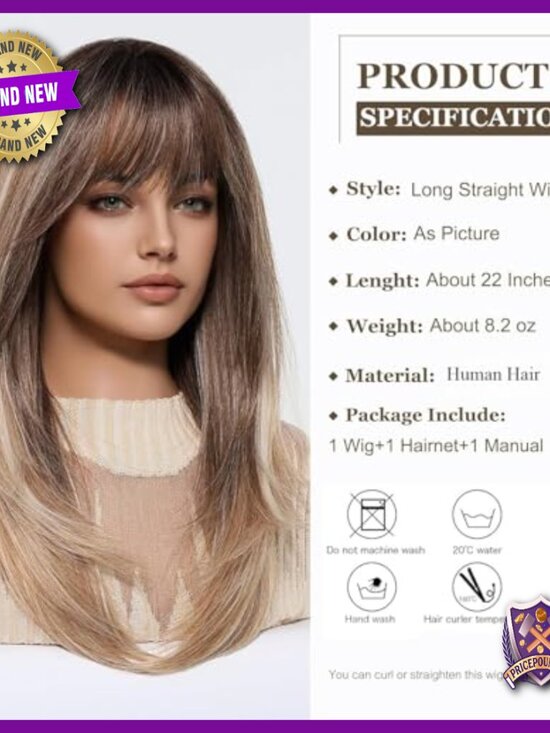 Long Straight Human Hair Wig with Curtain Bangs, Glueless, Lightweight main image 4